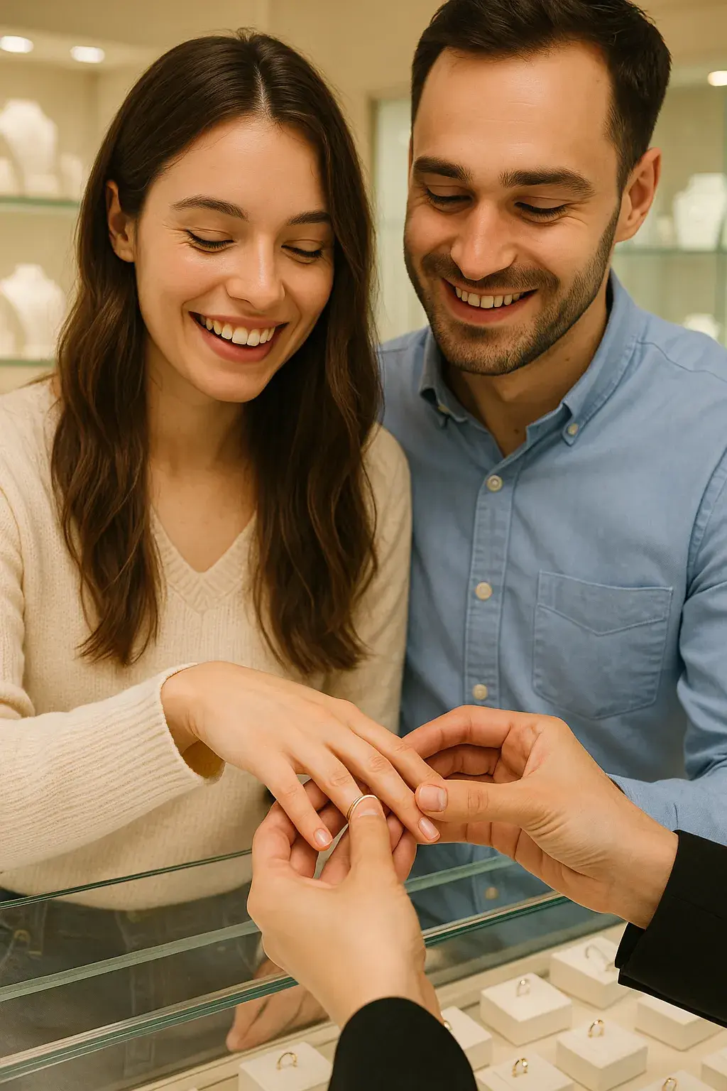 Casal experimentando aliancas na Cicero Joias