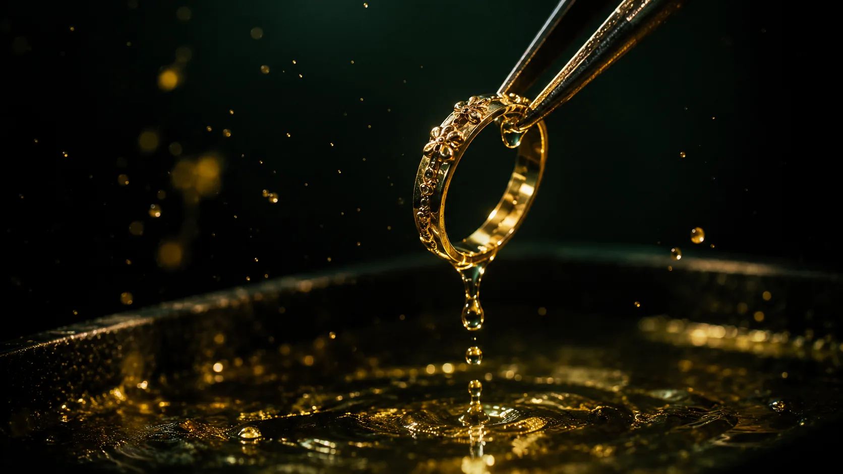 Anel de ouro sendo retirado do banho de galvanoplastia na Cícero Joias