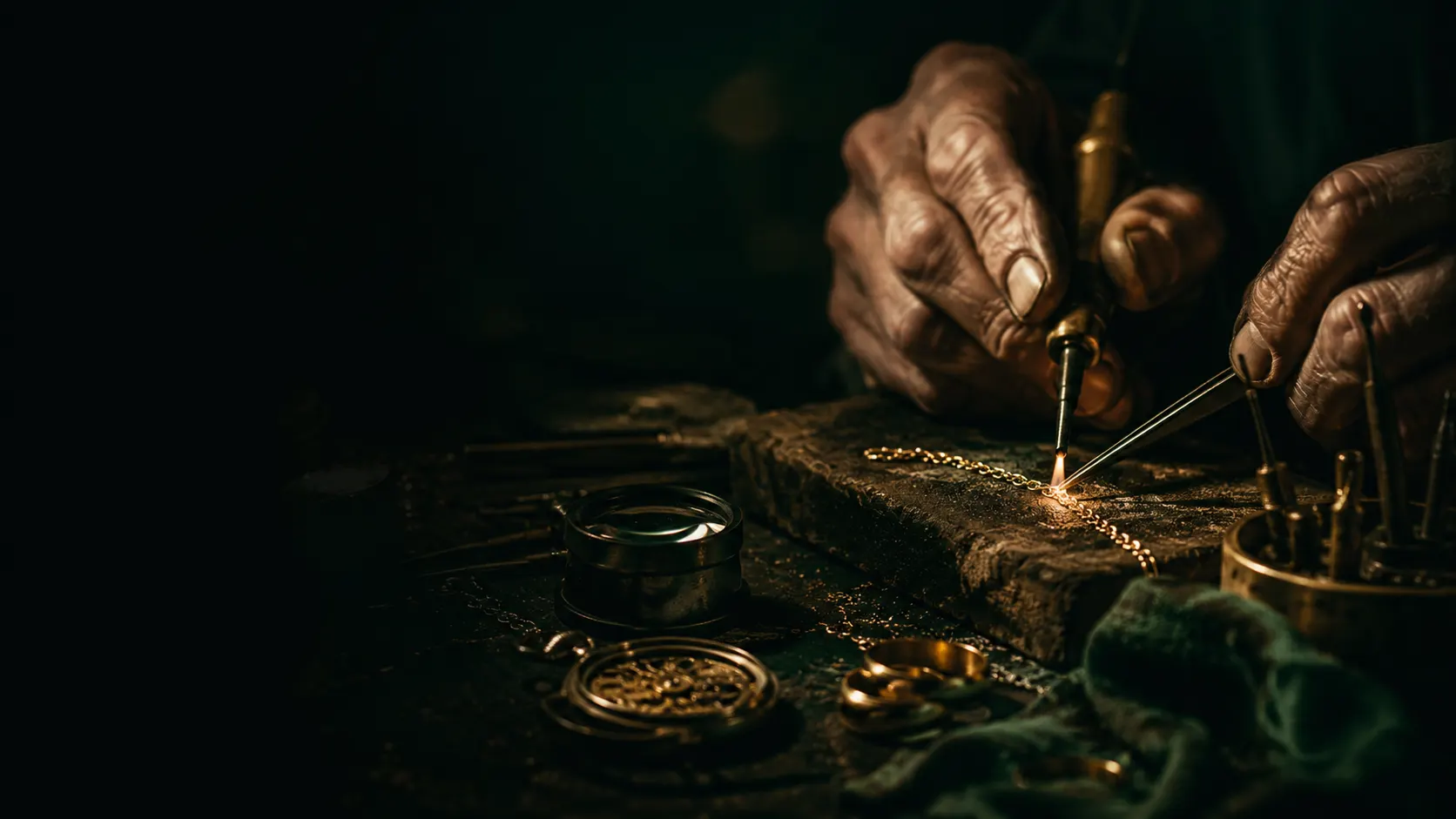 Ourives soldando uma corrente de ouro na bancada da Cícero Joias