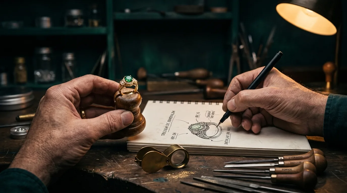 Mestre ourives esboçando o design de uma joia sob medida na Cícero Joias